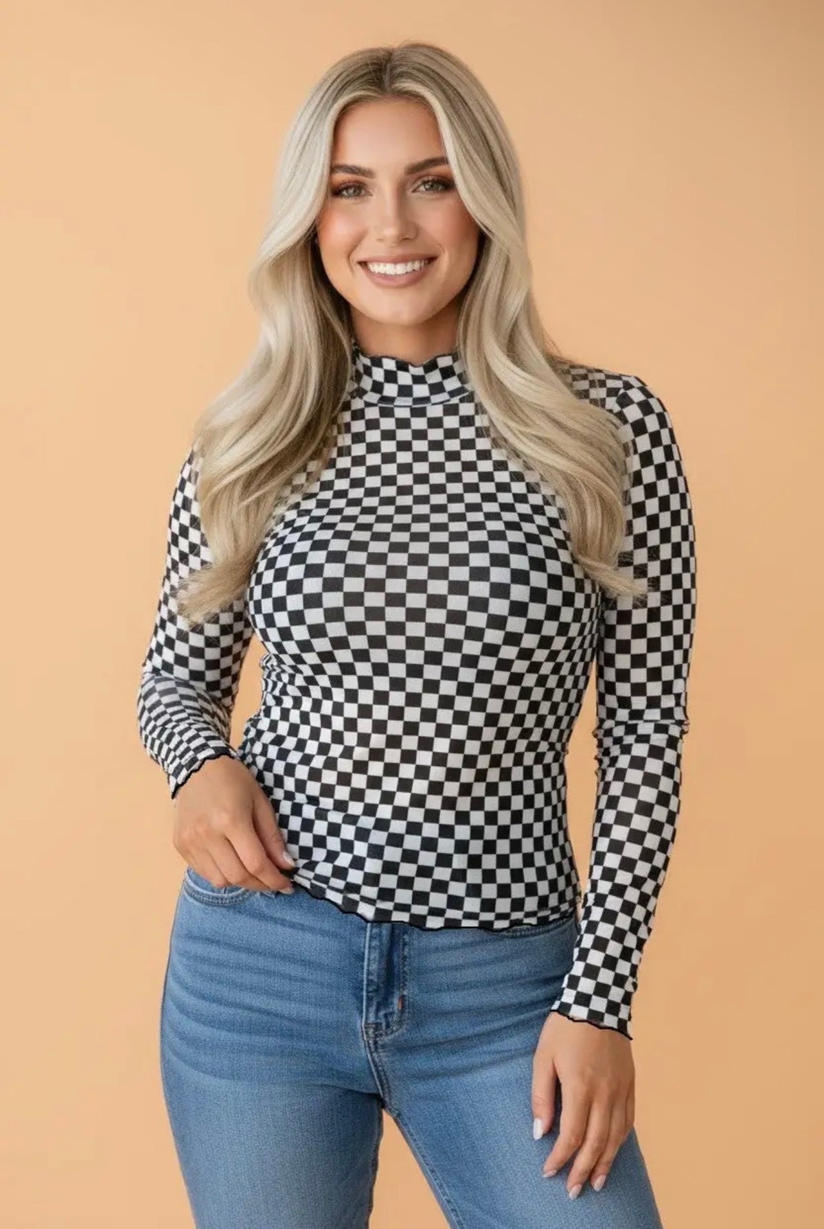 Checkered Mesh High Neck Long Sleeve Top