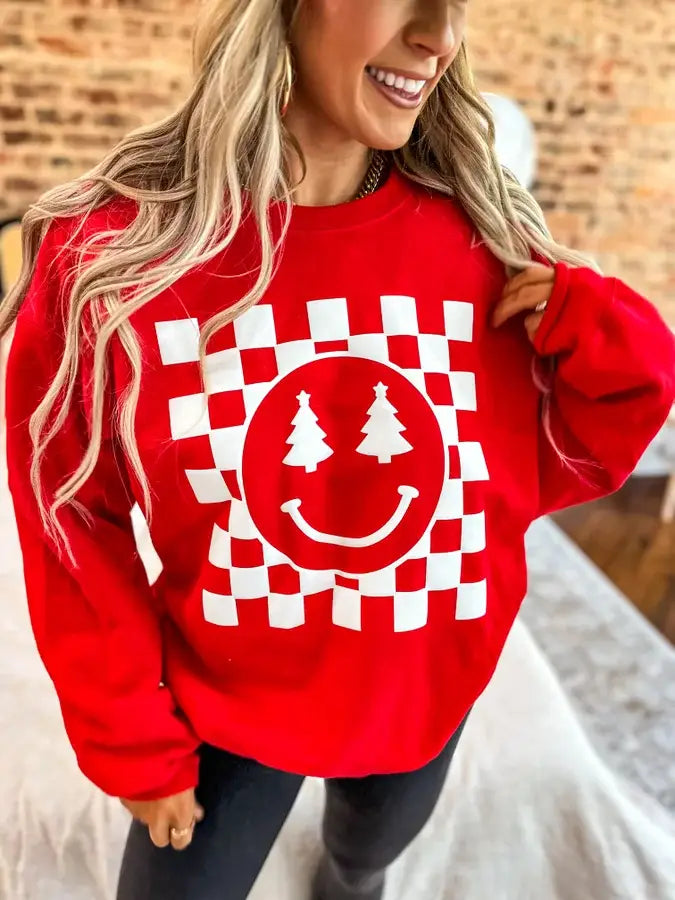 Christmas Tree Checkered Smiley White Graphic Crewneck